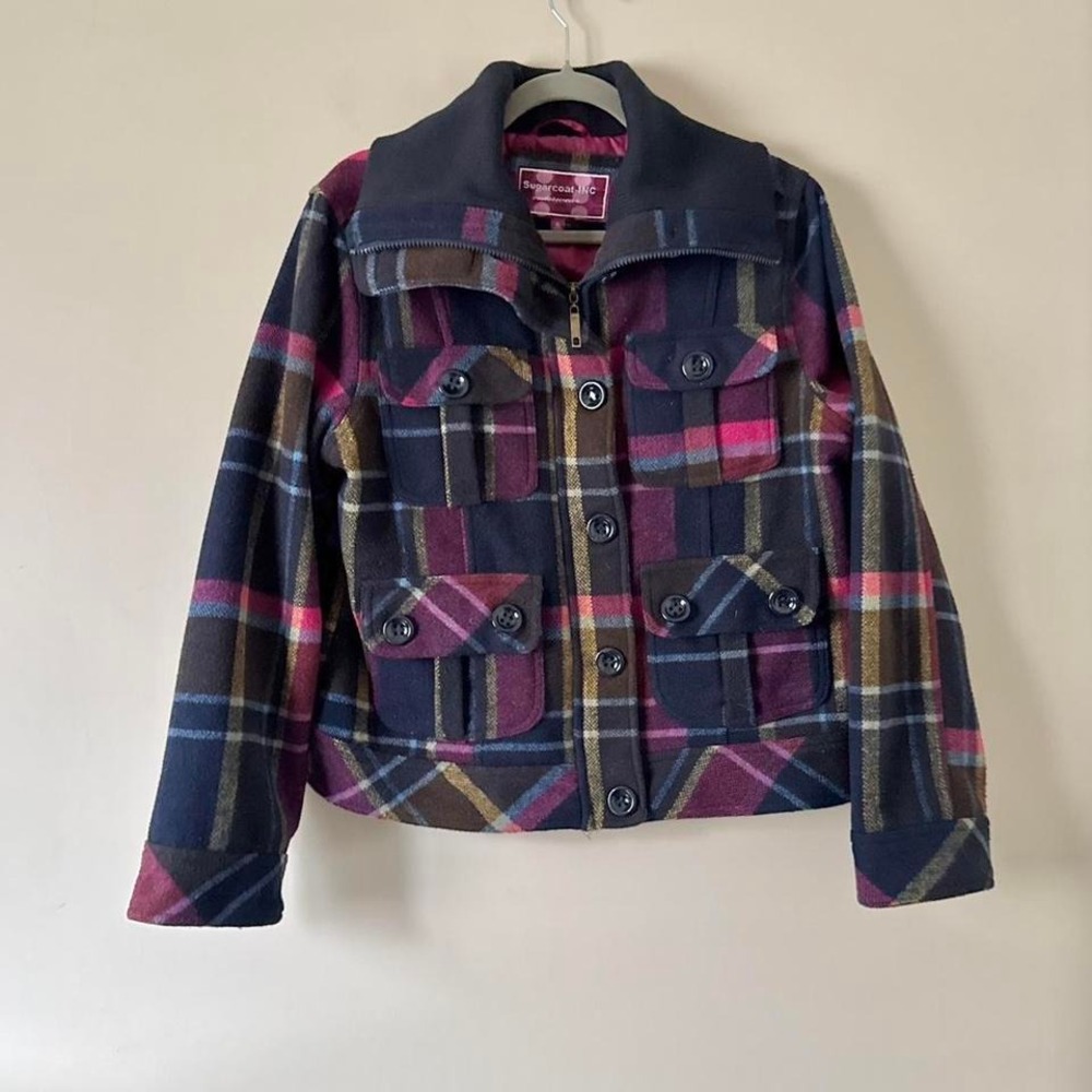 Plaid Button-Front Jacket with Stand Collar - Navy & Pink… cute coat!